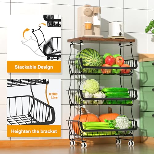4 Tier Fruit and Vegetable Basket for Kitchen with Wheels (4 Tier / Black With Wooden Top)
