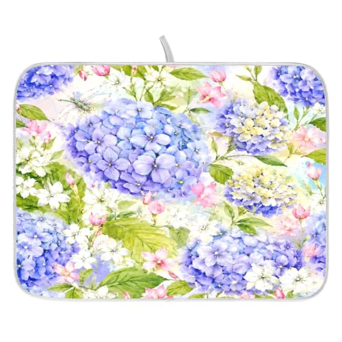Floral Hydrangea Garden Dish Drying Mat for Kitchen Counter Absorbent Microfiber Large Drying Pad Dish mats for Kitchen Countertops 18 x 24 Inch01 (Spring Summer Flowers / 24" x 18")