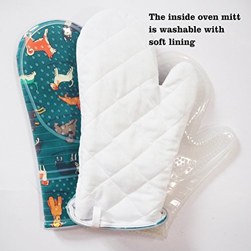 Oven Mitts with Transparent Clear Silicone Shell and Nice Dog Printing (Oven mitts / Blue)