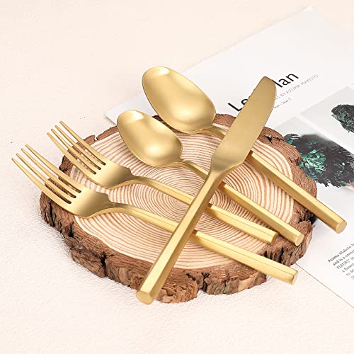 Matte Silverware Set Gold Flatware Set with Hexagon Handle 20 Pieces 18 (Matt gold)