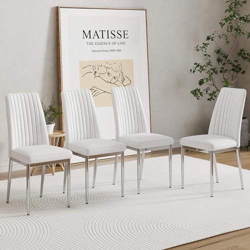 White Dining Chairs Set of 4 Modern Kitchen Chairs Set PU Leather Chair with Chrome Legs Armless Upholstered Chair for Dinner Room (S- White)