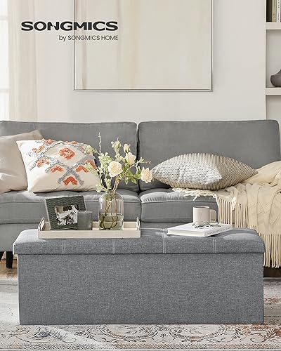 Ottoman Storage Bench (Light Gray + White / 15"D x 43"W x 15"H (without Flipping Lid))