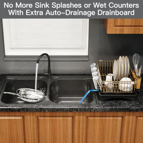 Gold Expandable Dish Drying Rack Over Sink with Extra Drainboard (Gold / For 11.5"-16" W Sink with Cup Holder & Drainboard)