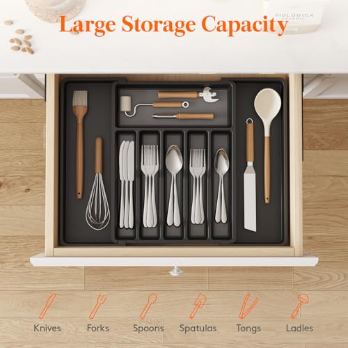 Extra Large Silverware Drawer Organizer (Black&Gray / XL Deep (13-22''W x 16.7''D))