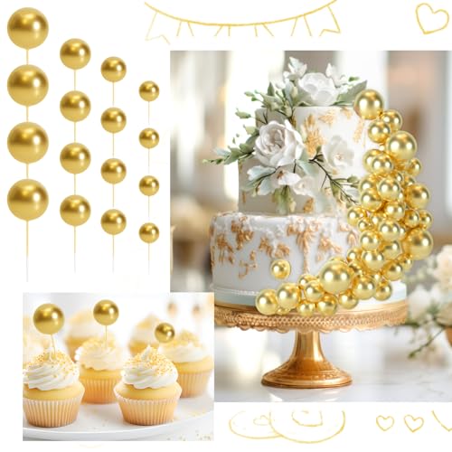 48 Pcs Gold Balls Cake Topper Decorations Balloon Cupcake Toppers Foam Cake Topper Balls Cake Balls Decorations for Birthday Party Wedding Anniversary Cake Decorating (48 Count)