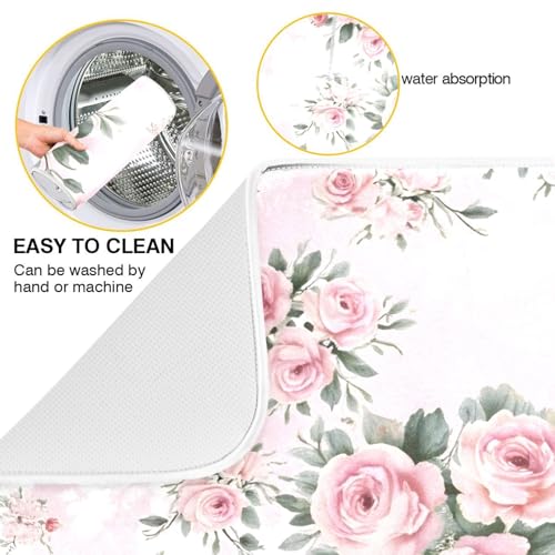 Floral Pink Roses Bouquets Dish Drying Mat for Kitchen Counter Absorbent Microfiber Drying Pad (16" x 18")