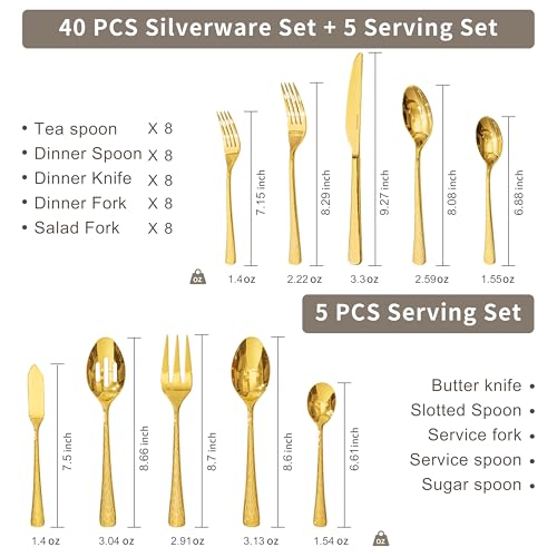 45 Piece Gold Silverware Set with Serving Utensils (45-Piece / Gold)