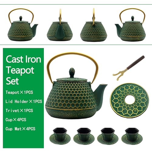 Cast Iron Teapot and Tea Cups Set (Dark Green Hexagon Pattern, 1000ml/34oz with Cups and Cup Mats)