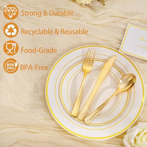 200PCS Gold and Ivory Plastic Plates (Ivory Gold / 200 Pcs)