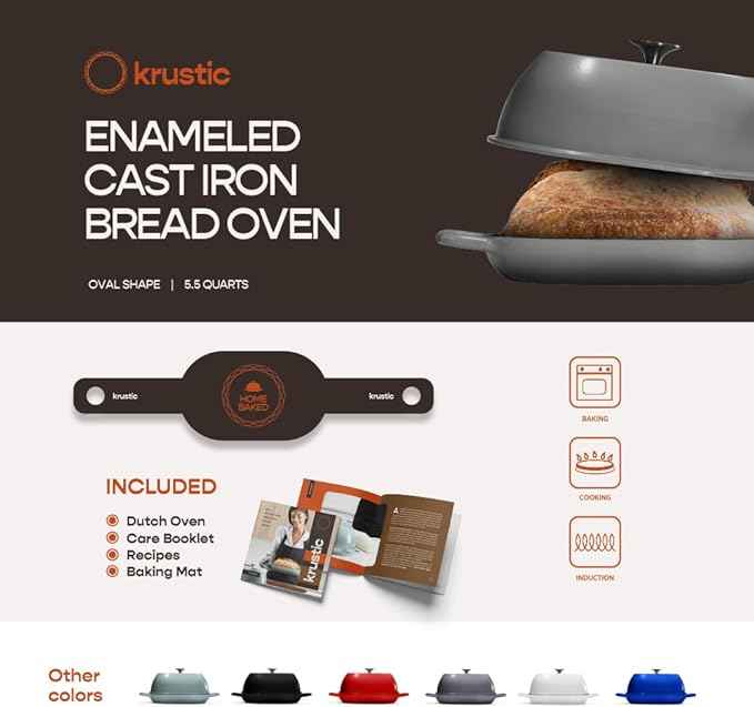 Enameled Cast Iron Dutch Oven for Professional Sourdough Bread Baking | 5.5 Quart Loaf Size Oval Cookware Pot with Lid | Triple-Layer Enamel Coating Pan with Non Stick Silicone Mat | Gray