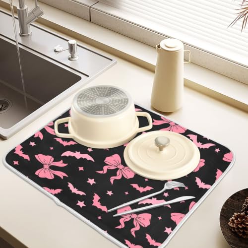Halloween Dish Drying Mat for Kitchen Counter Absorbent Microfiber Large Drying Pad Pink Bat Bow Dish Mats for Kitchen Countertops 18 x 24 Inch (Halloween Bat Bow / 24" x 18")