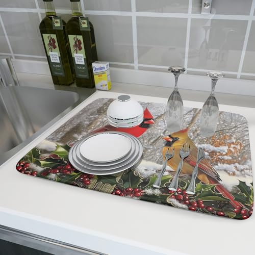 Winter Birds Dish Drying Mat Red Berry Dish Drainer Rack Mat Microfiber Absorbent Dish Drying Pad for Kitchen Counter Coffee Bar 18x24 Inch (Winter Red Birds / 24" x 18")