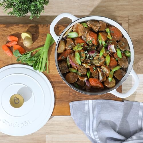 Artisan 7 Quart Round Dutch Oven (Matte Linen White w/ Gold Knob / 7-Quart)