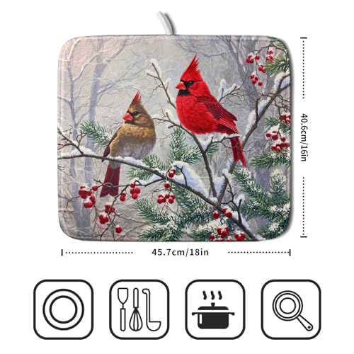 Red Bird Dish Drying Mat Merry Christmas Dishes Pad Absorbent Fast Dry Dish Drainer Mat Protector for Kitchen Counter 16 x 18 Inches (red bird / 16" x 18")