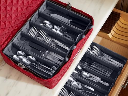 Flatware Storage Case with Removable Trays (Red Quilted Polyester / 15.5 x 11.5 x 3.5)