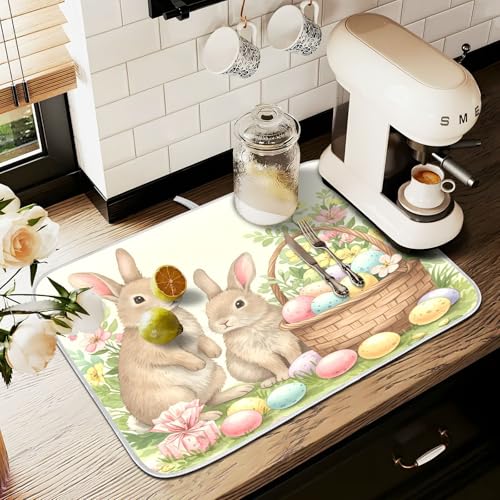 Cute Easter Bunny Rabbit Eggs Dish Drying Mat for Kitchen Counter Absorbent Microfiber Small Drying Pad Dish Mats for Kitchen Countertops 16 x 18 Inch (18" x 16")