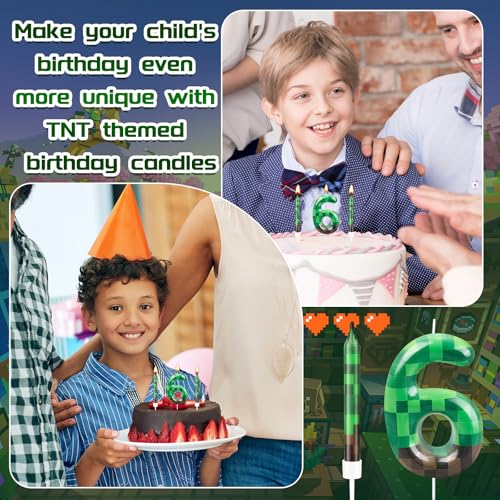 13 Pcs Dynamite Candles 12 TNT Themed Birthday Cake Candles and Number 6 Candle Cake Topper for Pixel Theme Birthday Party Anniversary Party Dynamite Theme Party Video Game Party Supplies (13 Count)