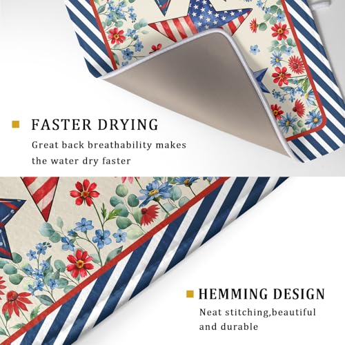 Patriotic Stars Dish Drying Mat for Kitchen Counter 4th of July Holiday Absorbent Reversible Microfiber Dish Pad Large (Patriotic Stars Blue / 24" x 18")