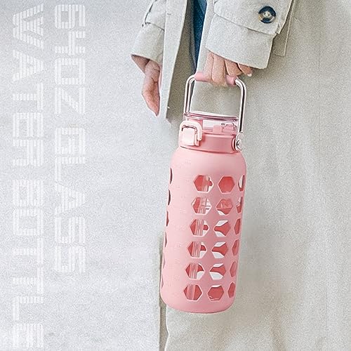 64oz Glass Water Bottle with Straw and Lid (Pink / 64 Ounces)
