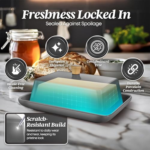Large Ceramic Butter Dish with Lid for Countertop (Gray / Large)