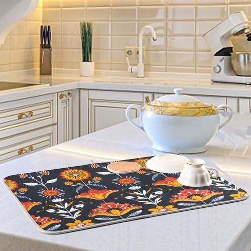 Floral Folk Art Dish Drying Mat for Kitchen Counter Absorbent Microfiber Drying Pad (16" x 18")