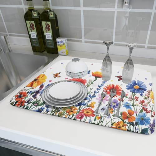 Watercolor Flower Dish Drying Mat 18x24 Inch Floral Butterfly Dish Drainer Protector Pad Washable Reversible Kitchen Counter Dish Dry Pad (Watercolor Flower / 18" x 24")