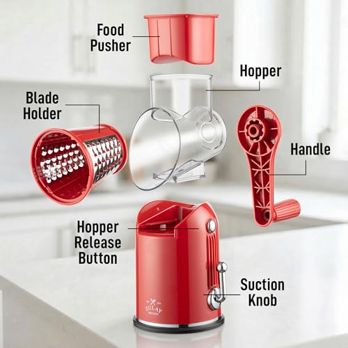 Rotary Cheese Grater Manual Hand Crank 5 Blade Shredder (5 Blades / Classic | Red)