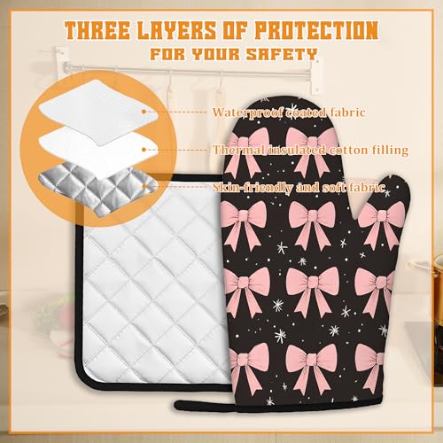 Cute Pink Bow Oven Mitts and Pot Holders (4 Count)