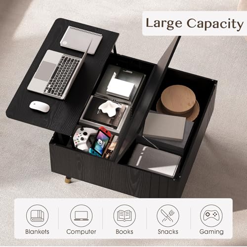 Square Lift Top Coffee Table with Storage for Living Room (Smooth Black)