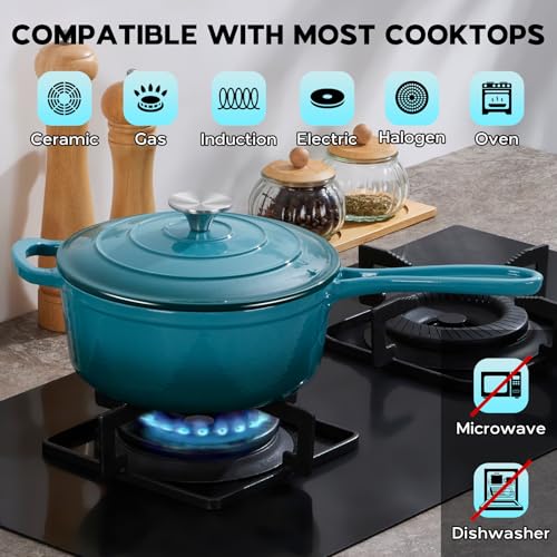 3QT Enameled Cast Iron Saucepan with Lid (Dark Cyan / 3 Quarts)