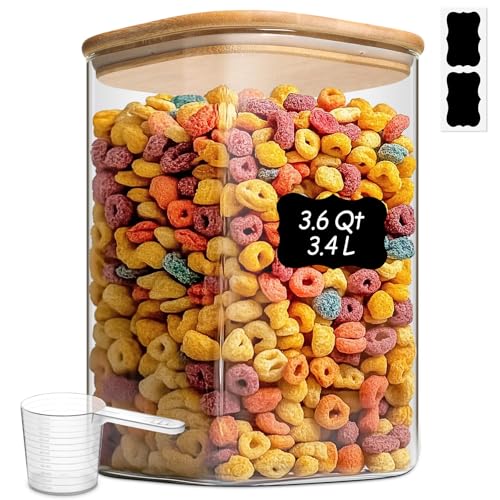 Glass Storage Jars with Bamboo Lids 3.6 Qt Large Pantry Square (3.6Qt-Square)