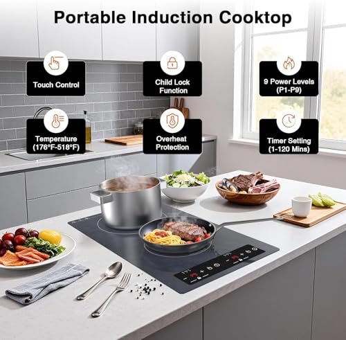 Double Induction Cooktop Portable Electric Cooktop 12'' Hot Plate (12 Inch Gray)