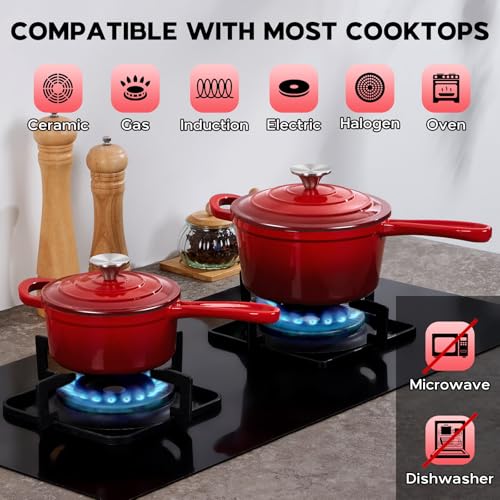 Enameled Cast Iron Sauce Pan (Red / 1+2 Quarts)