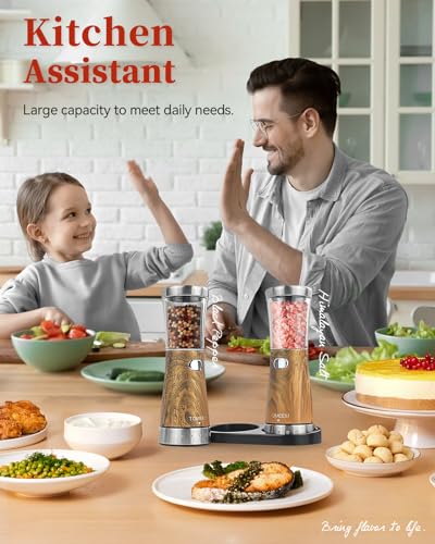 Electric Salt and Pepper Grinder Set with Storage Base (Dark Wood Grain)