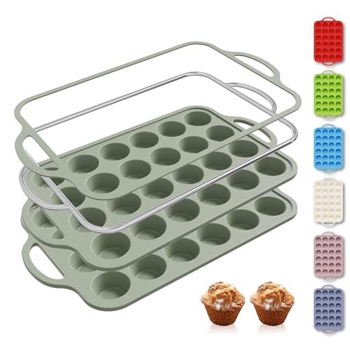 2 Packs 24 Cups Silicone Muffin Pan with Metal Reinforced Frame Mini Size Cupcake Pan Tray Egg Bites Silicone Circle Cookie Molds Muffin Tin Tart Pans Baking Sheet Set for Breakfast Sandwiches (2pc: 24-Cup Mini / Morandi Green)