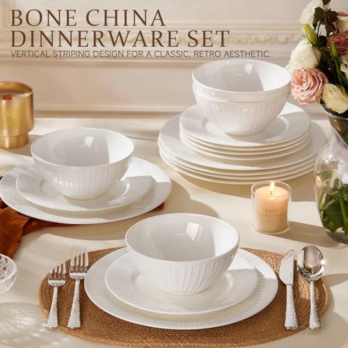 12Pc Bone China Dinnerware Set & 20Pc Flatware Combo Set for 4 (White-striped / service for 4-32pcs)