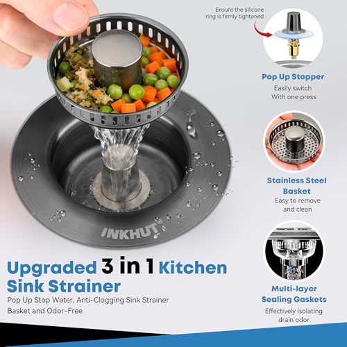 Upgraded 3 in 1 Kitchen Sink Drain Strainer (Dark Grey)