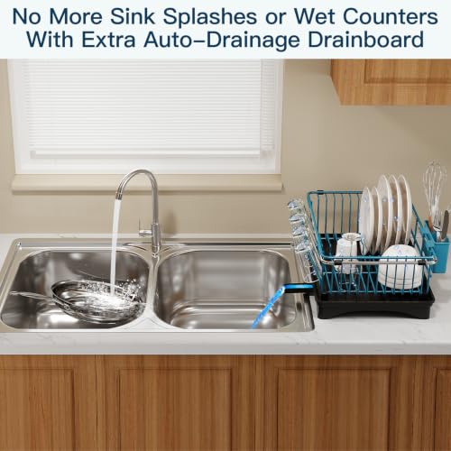Blue Expandable Dish Drying Rack Over Sink with Extra Drainboard (Blue / For 11.5"-16" W Sink with Cup Holder & Drainboard)