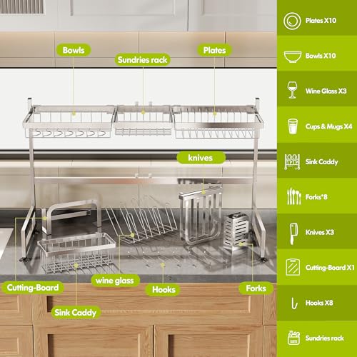 Over The Sink Dish Drying Rack with Cup and Utensil Holder (Silver / 2 Tier, Over Sink)
