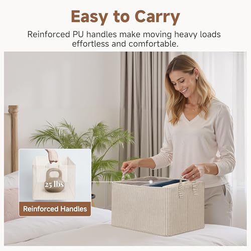 Fabric Storage Bins (Khaki and Beige Stripes / 14 ¾" L x 10 ¼" W x 8 ¼" H)