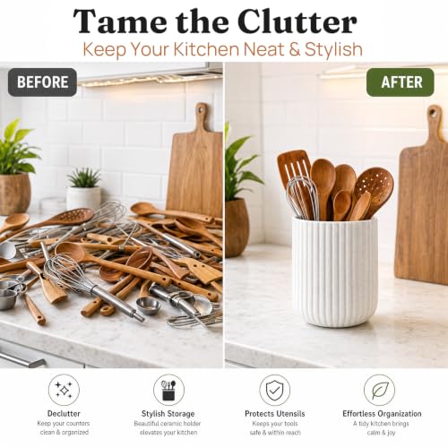 Large Ceramic Utensil Holder (White & sand)