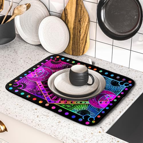 Purple Absorbent Dish Drying Mat Sun and Moon Microfiber Drying Pad for Kitchen Counter Decor Small (Colorful Moon / 18" x 16")