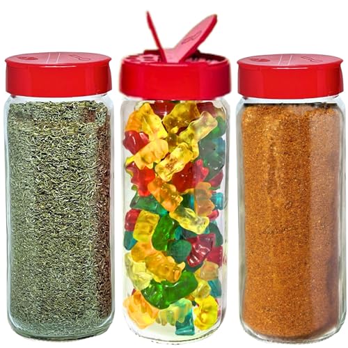 Glass Spice Jars with Shaker Lids (Tall Spice 16oz Red 7 Holes Set of 3)