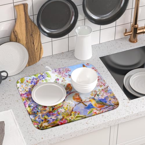 Spring Bird Dish Drying Mats for Kitchen Counter Floral Small Dish Drying Pad Season Decor (Colorful Art Birds / 18" x 16")