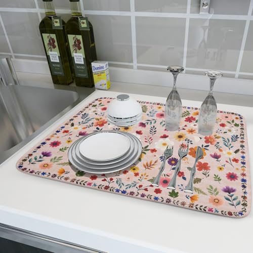 Spring Flowers Dish Drying Mat (Wildflowers Pink / 24" x 18")