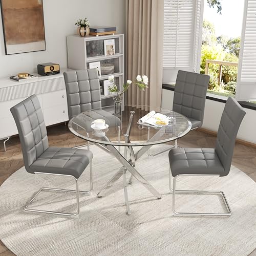 5 Piece Round Glass Dining Table Set (Round Table - 4 Silver Grey Chairs)