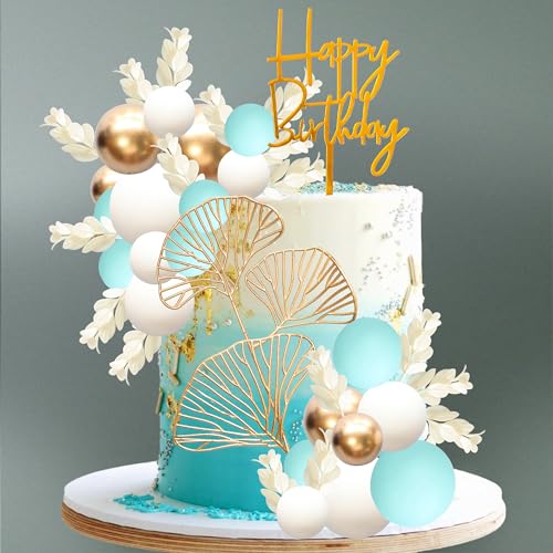 57Pcs Balls Cake Topper Boho Grass Cake topper Pearl Balls Acrylic Happy Birthday Cake Decorations for Wedding Baby Shower Birthday Boho Themed Party Supplies Light Blue (57 Count)