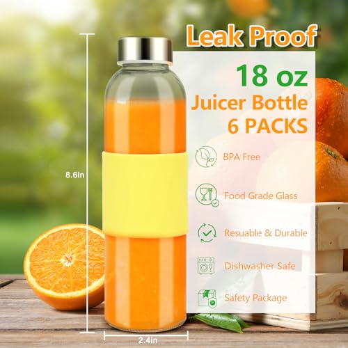 18 oz Glass Juice Bottles with Stainless Steel Lid Leak Proof 6 Pack (Matt Sleeve)