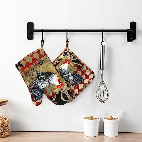 Rooster Print Oven Mitts and Pot Holders Sets Silicone Rooster Kitchen Mitts Potholders Heat Resistant 4Pcs Oven Gloves Hot Pads for Kitchen Baking Cooking BBQ Grilling (Rooster)