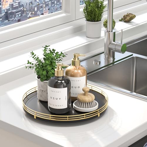 13 Inch Oak Lazy Susan Vanity Tray with Gold Metal Rail (Gold Black / 13)